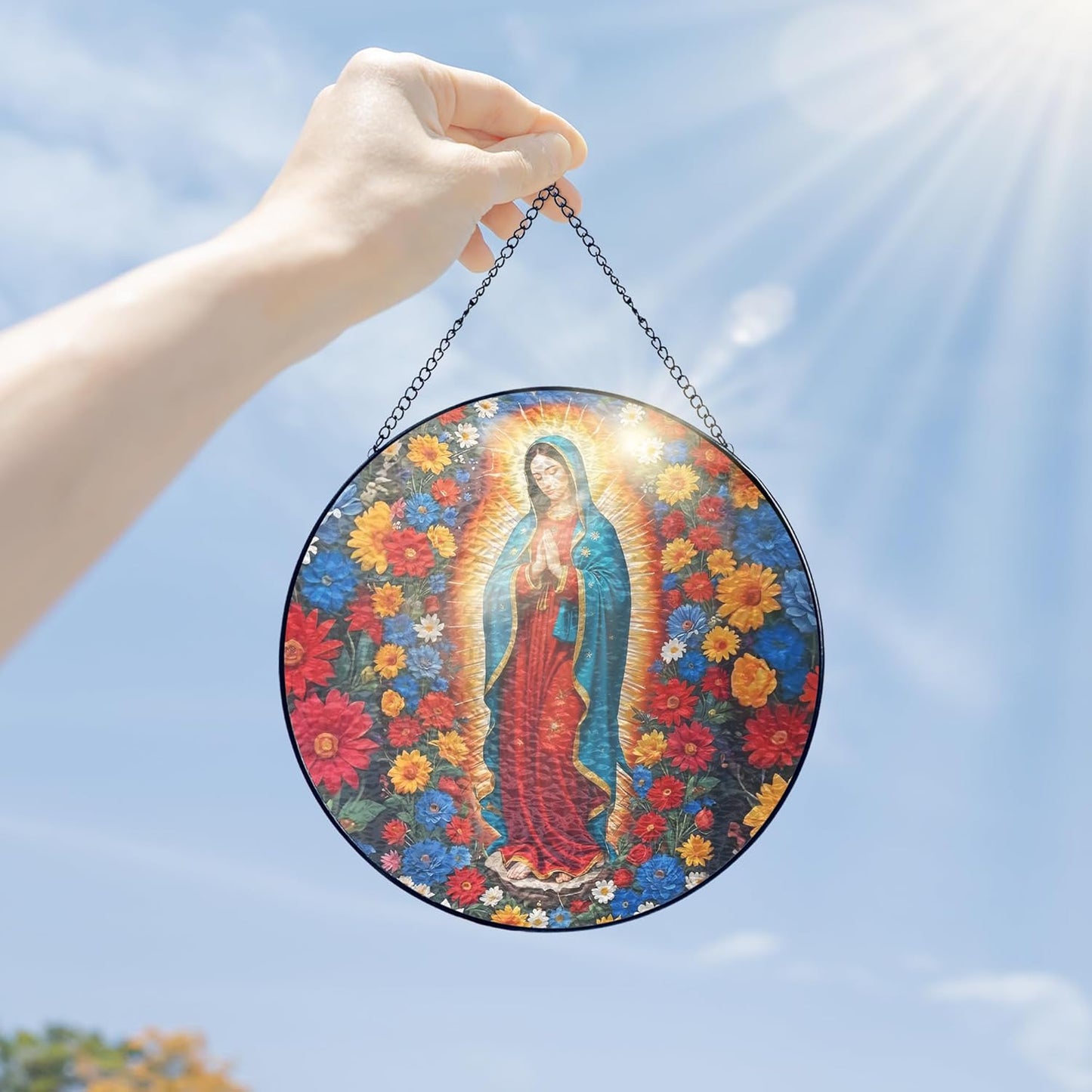 FLAGWIX Christmas Christian Gifts for Women - Virgen De Guadalupe Stained Glass Window Hanging 8 in - Religious Gifts for Women, Our Lady of Guadalupe Sun Catchers Indoor Window for Hanging Decor