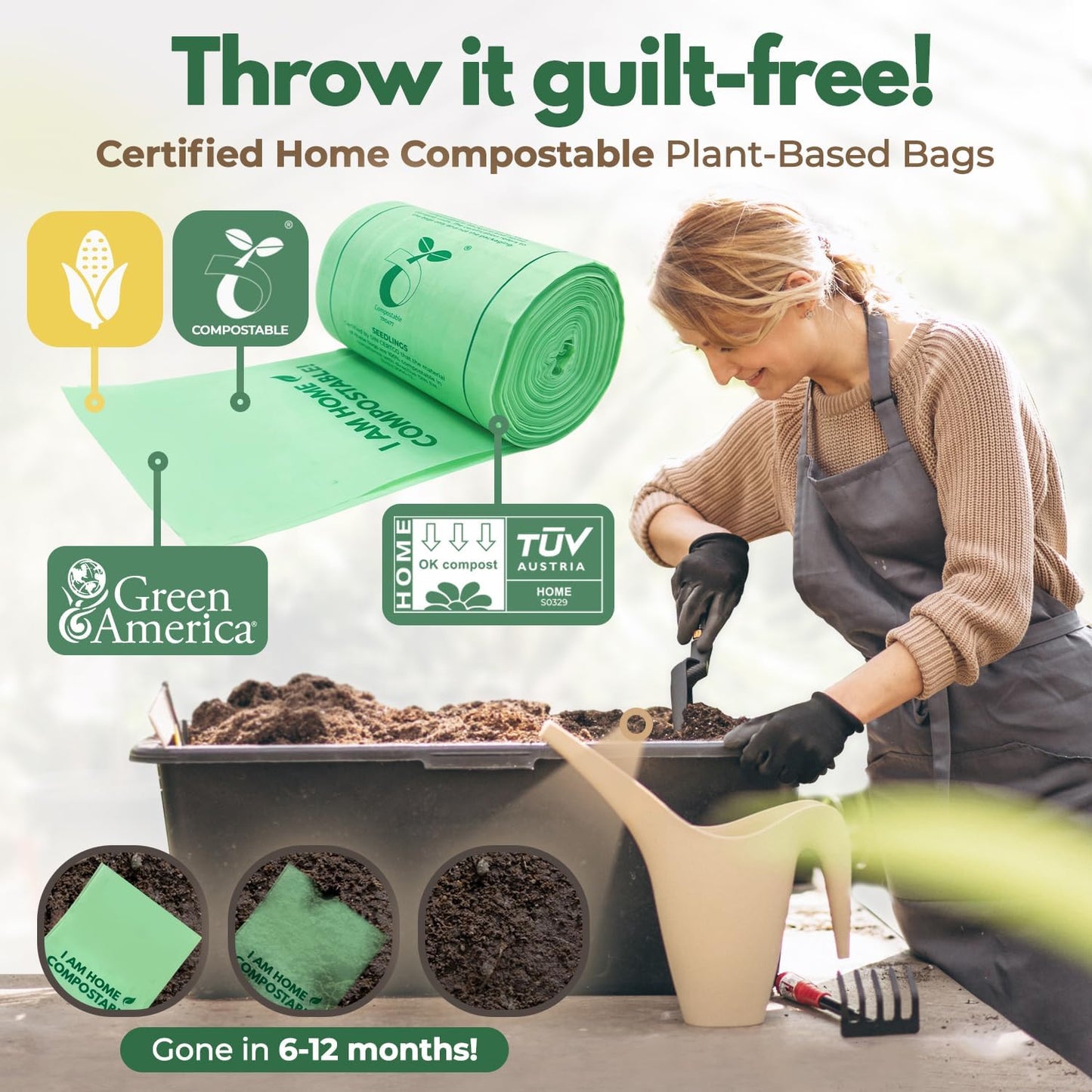 Compost Bags for Countertop Bin -Compostable Trash Bags made of Cornstarch - Leakproof & Tear Resistant Biodegradable Trash Bags - OK Compost Home & Seedlings Certified (8 Gallon, 100 Count)