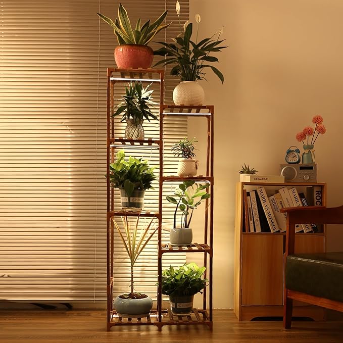 Plant Stand with Grow Light, Tall Plant Stands Indoor with Full Spectrum Led Grow Light, Timer Function and Brightness Adjustment, 8 Tiered Wood Plant Shelf for Corner | Patio | Living Room