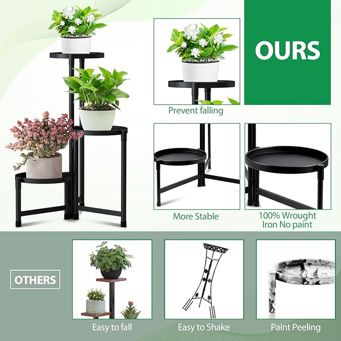 Metal Plant Stand Shelf Rack Indoor Outdoor Multiple Black 3 Tier Tall Corner Flower Pot Holder Stands Tiered Wrought Iron Planter Shelves for Patio Living Room Balcony Office (3 tier)