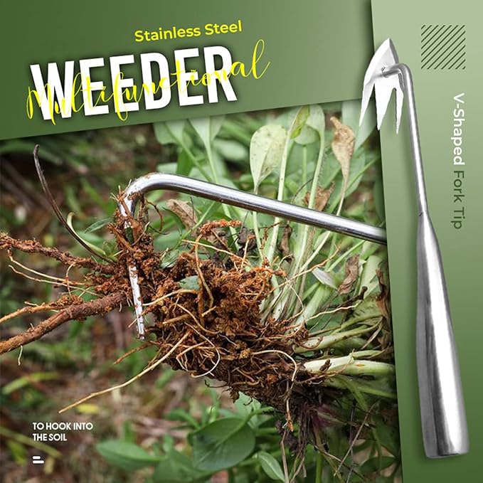 Stainless Steel Multifunctional Weeder, Weeder Puller Stand Up, Hand Weeder Tool for Gardening with Long Handle, V-Shaped Light Duty Hand Weeder for Garden Yard Farm Weed Removal (Stainless Steel)