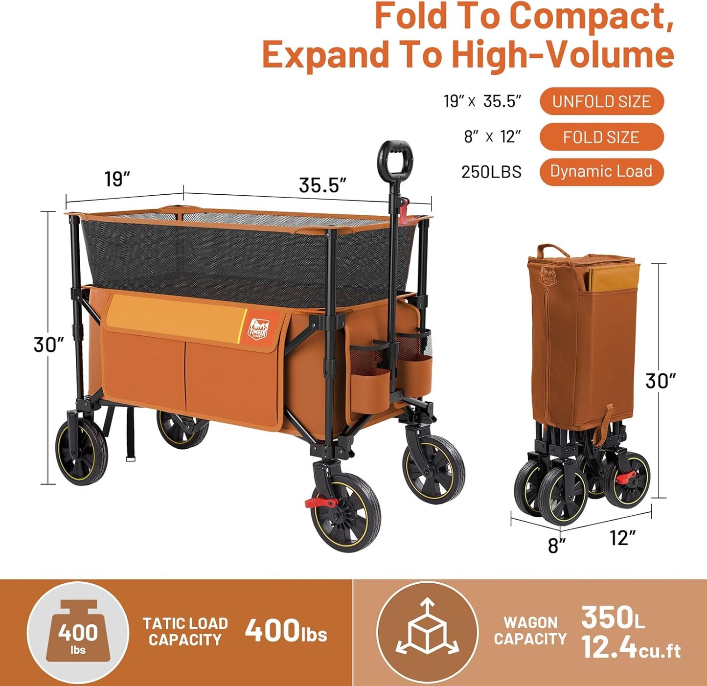TIMBER RIDGE 350L Extra Large Collapsible Folding Wagon Carts with Brake, Heavy Duty Outdoor Camping Utility Wagons with Extended Height, Adjustable Handle, Cup Holders, Side Bag(Orange)