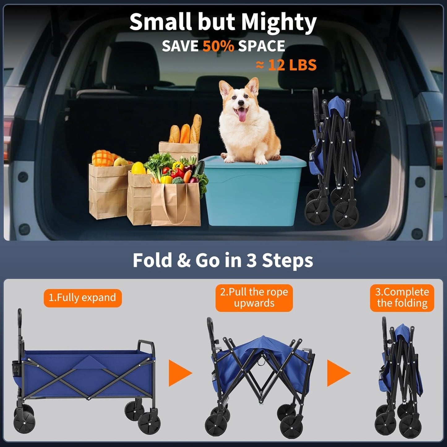 Collapsible Wagon Cart 380Lbs Capacity, Foldable Utility Portable Beach Wagon with All-Terrain Wheels, Adjustable Handle & Drink Holders, Carts with Wheels for Grocery, Camping, Shopping, Garden Cart