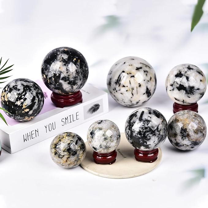 JIC Gem Large Black&White Crystal Sphere with Stand Black and White Tourmaline Crystal Ball Sphere Gemstone Decorative Ball for Home Decor Altar Reiki Feng Shui Crystal Gift 80-90mm