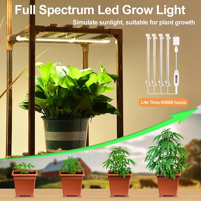 Plant Stand with Grow Light, Tall Plant Stands Indoor with Full Spectrum Led Grow Light, Timer Function and Brightness Adjustment, 8 Tiered Wood Plant Shelf for Corner | Patio | Living Room