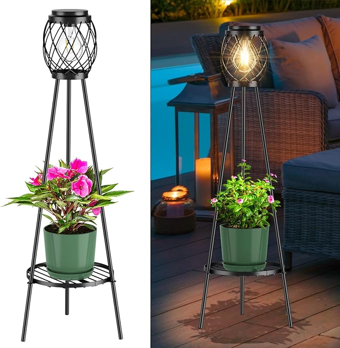 Solar Floor Lamp with Plant Stands,Solar Lights Outdoor with Vintage LED Edison Bulbs, Weatherproof Garden Lights for Pathway, Patio, Yard, 8-10 Hours Lighting, IP55 Waterproof