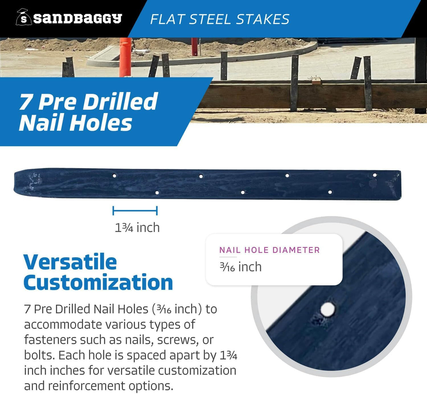 Sandbaggy Flat Steel Stakes for Concrete Forms with Nail Holes - 1.5" Wide - Painted - Removable, Reusable, V Point End - Construction Grade Stakes (60, 18 inch)