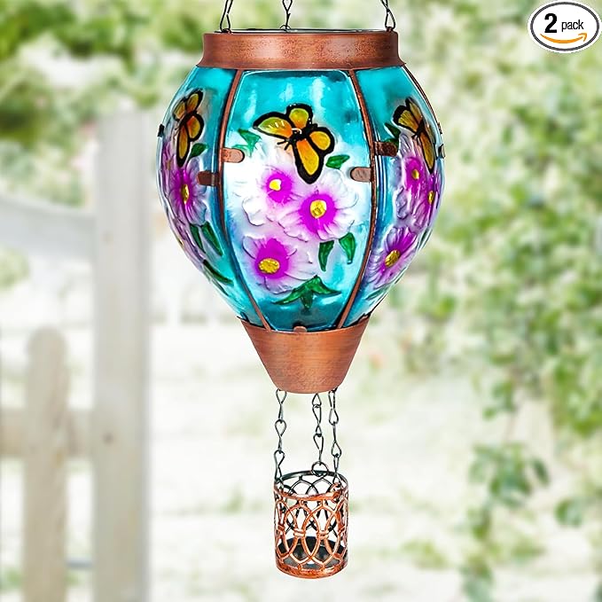 Solar Hot Air Balloon Lantern with Flame, Butterfly Glass Outdoor Solar Lanterns for Outside Hanging Farmhouse Patio Pathway Decor, Butterfly Gifts for Women Grandma Mom