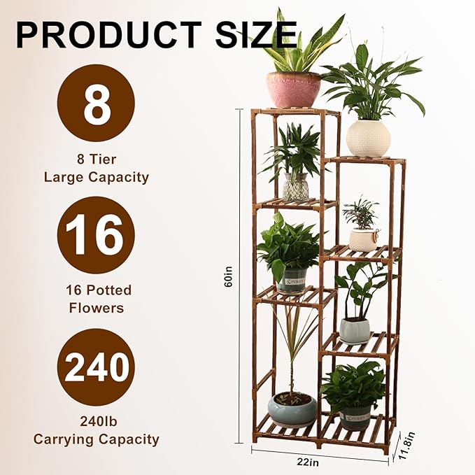 Plant Stand with Grow Light, Tall Plant Stands Indoor with Full Spectrum Led Grow Light, Timer Function and Brightness Adjustment, 8 Tiered Wood Plant Shelf for Corner | Patio | Living Room