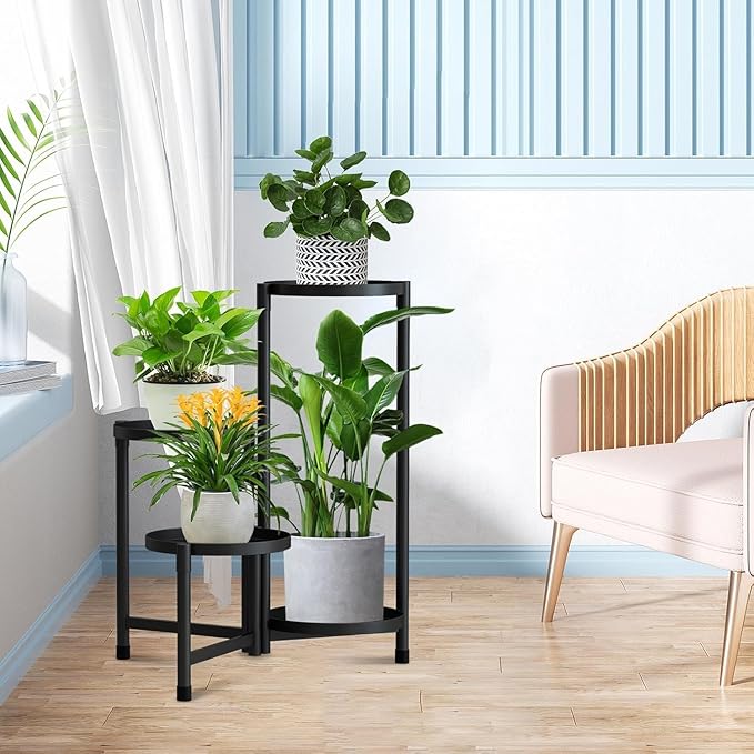 Metal Plant Stand Indoor Outdoor,4 Tier Tall Black Flower Stand Waterproof Plant Holder,Folding Design Corner Plant Rack for Patio Living Room Balcony Office