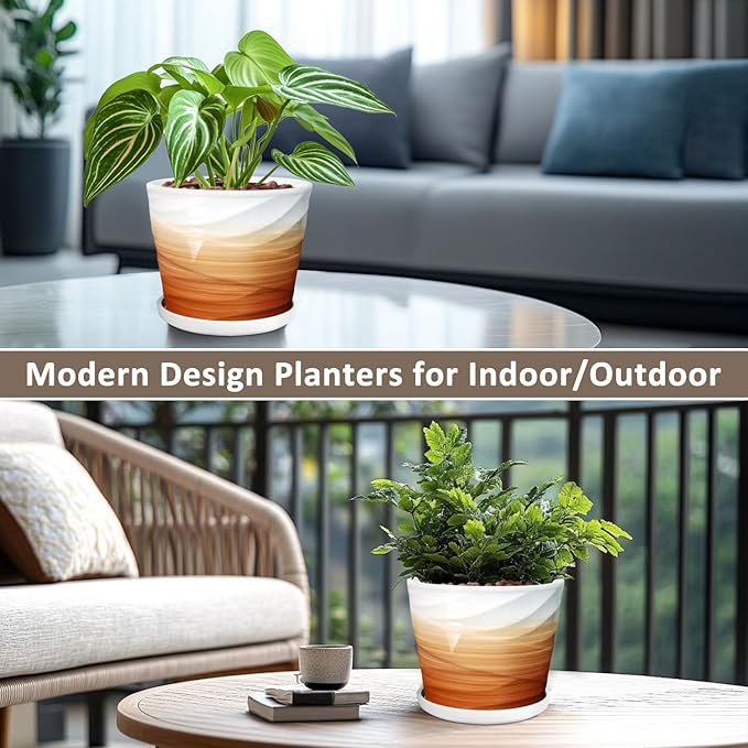 8 Inch Plant Pot, Ceramic Planter with Drainage and Saucer, Ceramic Pots for Plants, Indoor Plant pots,Ceramic Flower pots,Modern Planter(Khaki + White)