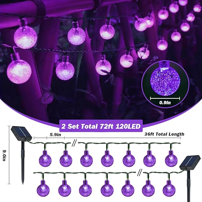 Solar Lights Outdoor Waterproof, 2 Pack Total 120LED 72FT Solar String Lights for Outside w/ 8 Modes, Outdoor String Lights Crystal Globe Patio Lights for Garden Yard Party Decor (Purple)