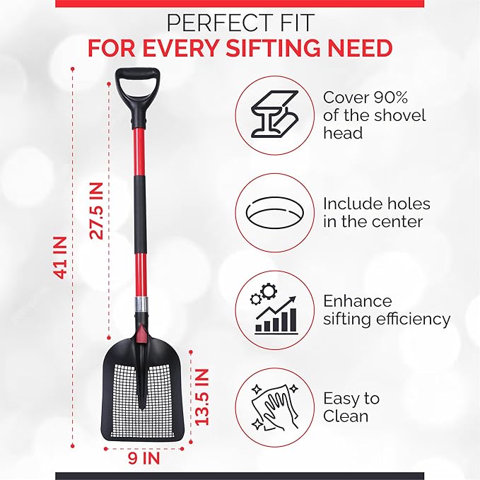 Sand Sifting Shovel Heavy-Duty for Metal Detecting, Gardening, Cat Litter Chicken Coop Poop Cleaning and Beach Play - Durable Metal Mesh Scoop with Ergonomic Handle