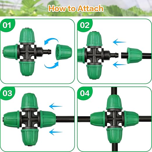 Upgraded 1/4" Drip Irrigation Cross Fittings:Leak Free Lock Barbed 4 Way Tee Connectors for 1/4 Inch Irrigation Tubing Quick Connect Parts for Garden Landscape System (24 Pieces)