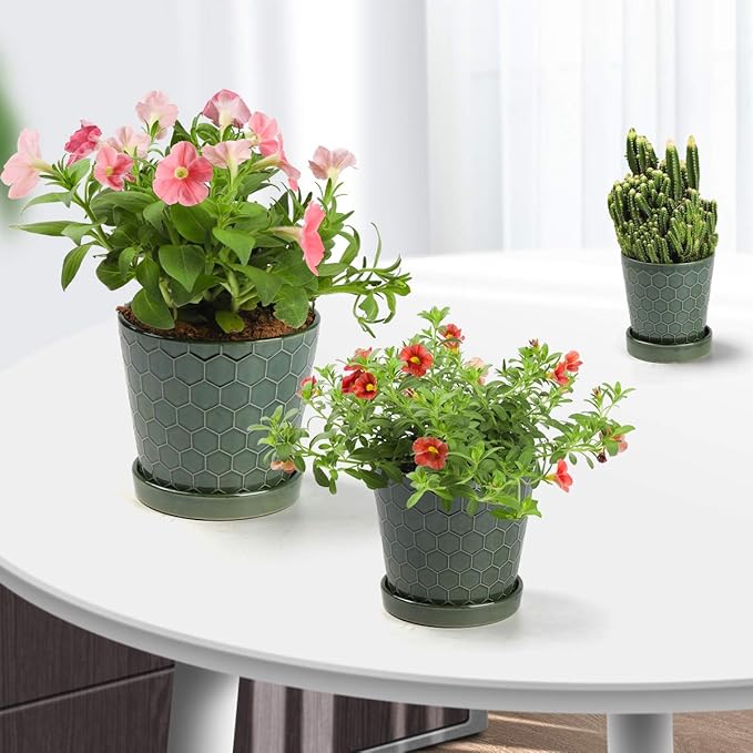 Ceramic Plant Pot – 4”+5”+6” inch Ceramic Flower Pot with Drainage Holes and Ceramic Tray - Gardening Home Desktop Office Windowsill Decoration Gift Set 3 - Plants NOT Included (Patina)