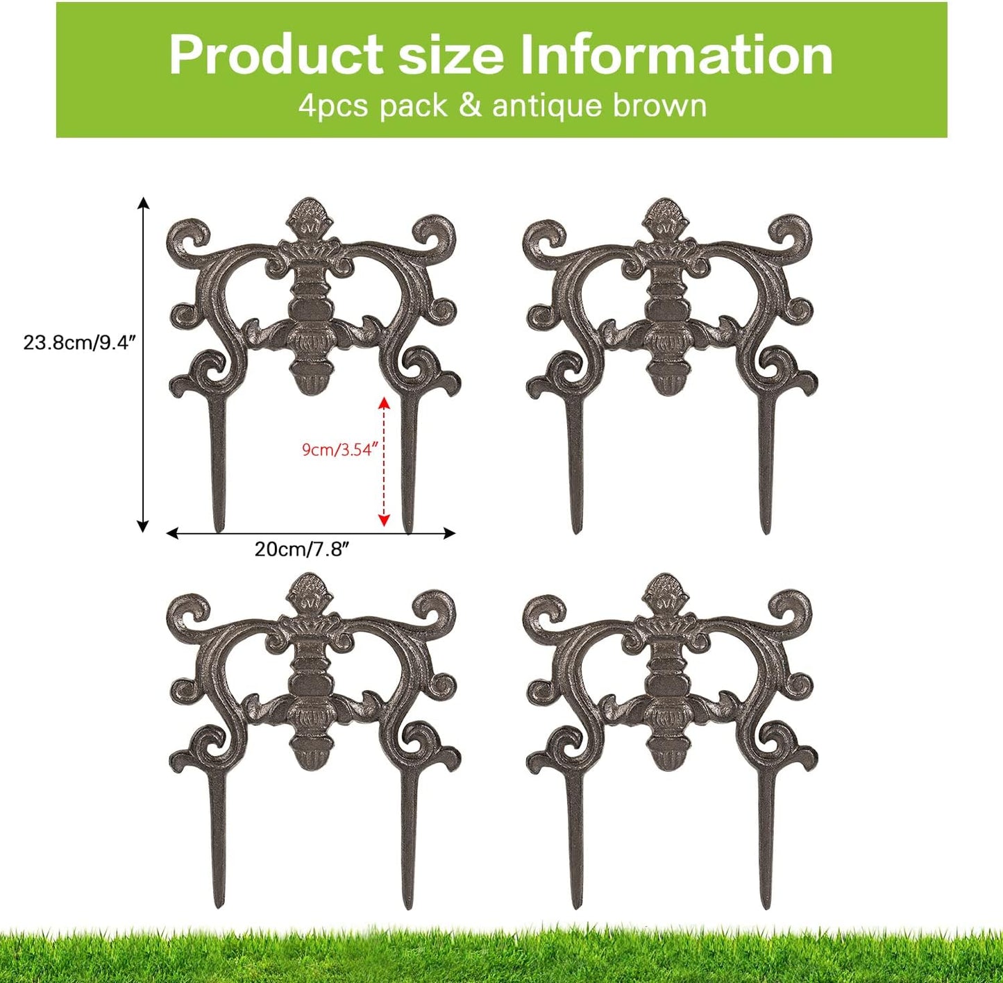 Sungmor Decorative Cast Iron Flower Bed Edging for Landscaping, 4PC Heavy Duty & Sturdy Low Garden Fence, 9.4" Tall Small Picket Fence, Pretty Vintage Lawn Edge Barrier, Outdoor Yard Decor Stakes