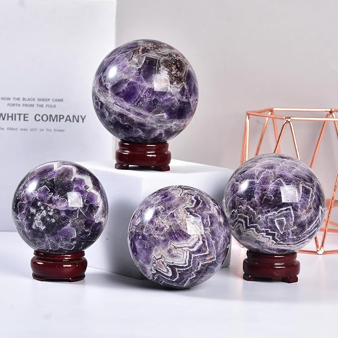 JIC Gem 3.1-3.5 inch(80-90mm) Large Crystal Ball Chevron Amethyst Healing Crystals Sphere with Wooden Stand Meditation Home Decor