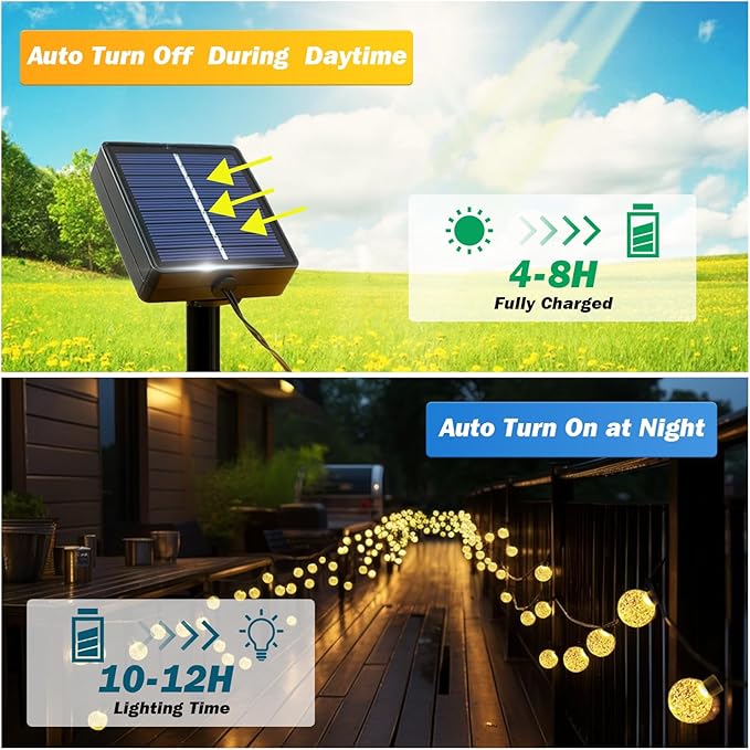 Solar Lights Outdoor Waterproof, 2 Pack Total 200LED 110FT Solar String Lights for Outside w/ 8 Modes, Outdoor String Lights Crystal Globe Patio Lights for Garden Yard Party Decor(Warm White)