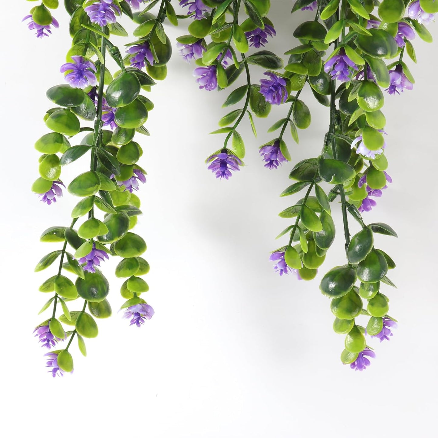 RECUTMS Artificial Hanging Plants 4 Pack Faux Eucalyptus with Flowers Fake Ivy Vine Leaf Plastic Greenery for Wall House Garden Wedding Indoor Outdoor Decoration Purple