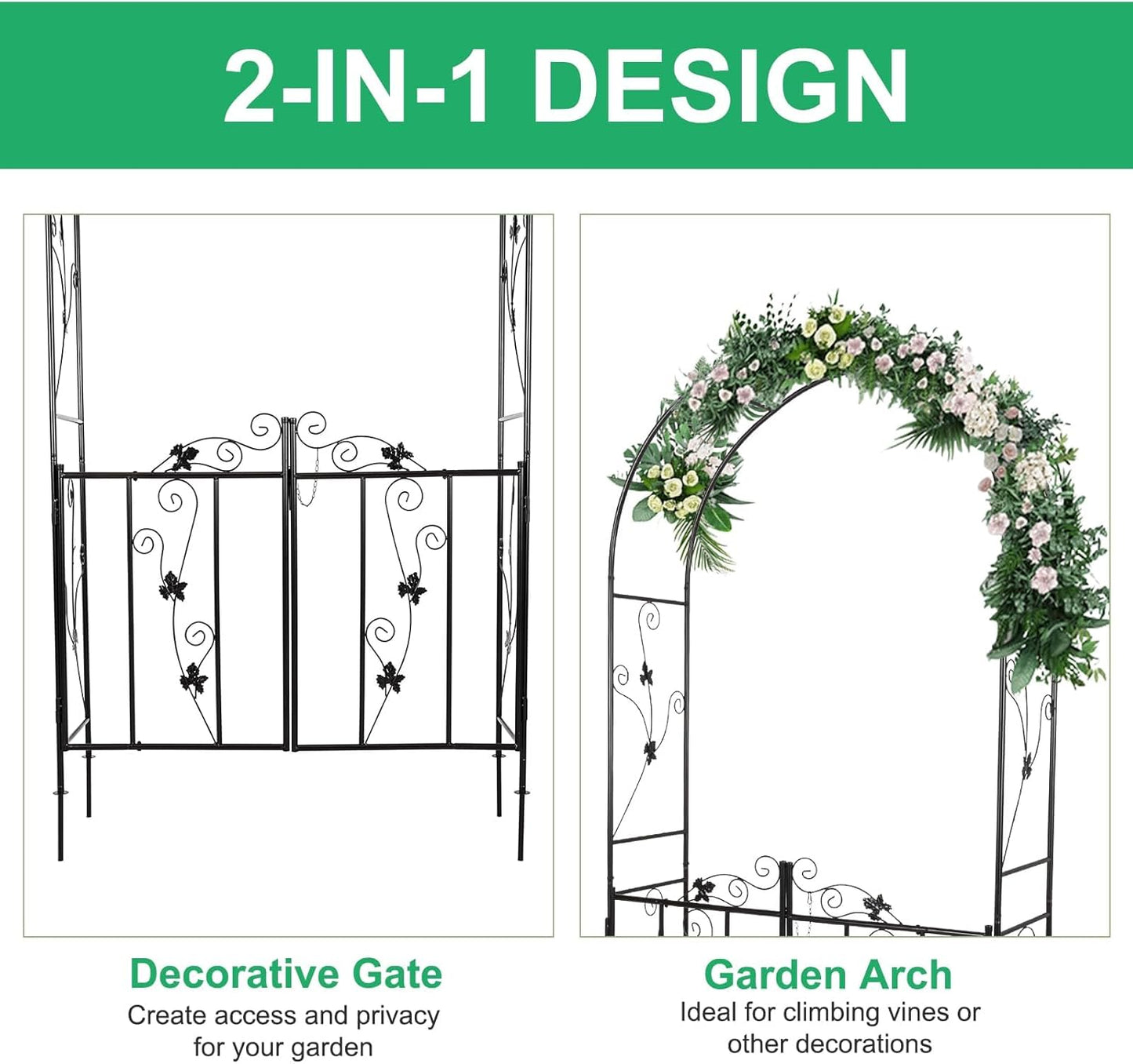 JSUN7 Metal Garden Arch with Gate - Garden Arbor with Gate, Garden Arch Trellis for Outdoor Climbing Plants, Wedding Arch with Double Doors, 7'H X 3.6'W, Black