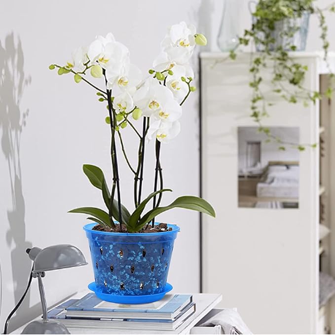 Orchid Pot, 6.7 Inch 8 Pack Orchid Pots with Holes and Saucers,Plastic Orchid Planter - Blue Sapphire