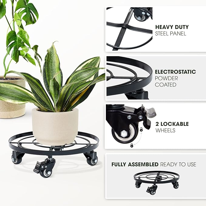 2pack Metal Plant Caddy with Wheels Heavy Duty, 180 Lbs Capacity, 14 Inch, Plant Stand with 360° Lockable Wheels for Plant Pots, Heavy Objects Hauling