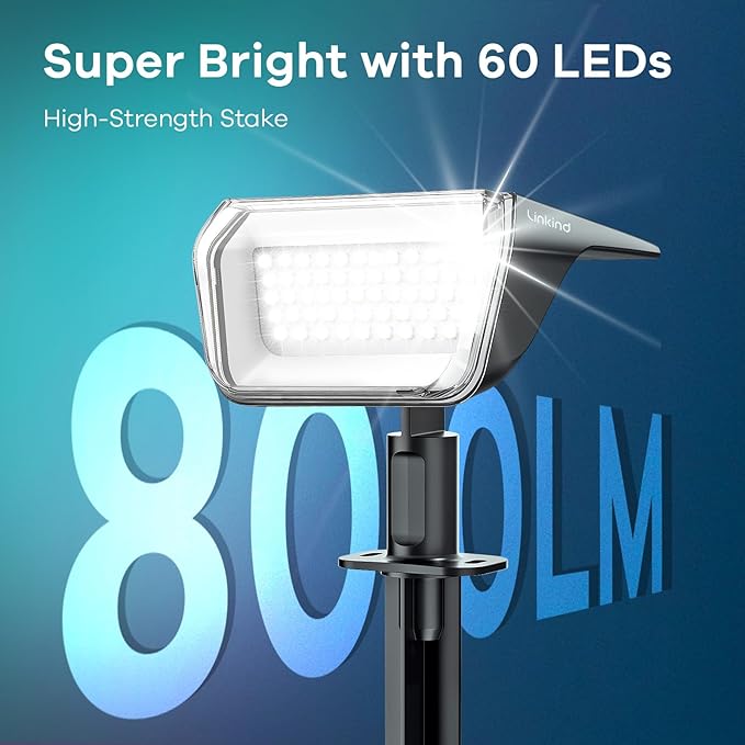 Linkind Solar Spot Lights Outdoor, 60 LEDs Solar Lights Outdoor Waterproof IP67 with 30% Conversion Rate, Ideal for Landscape, Garden, Yard, Pathway (4 Pack, Cool White)