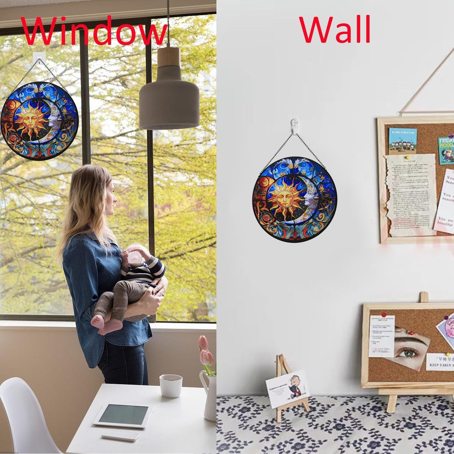 Hanging Stained Glass for Windows,20cm/7.87inch Sun and Moon Hand-Painted Sun Catcher Garden Hangings Christmas Mother's Day, Valentine's Day Ornaments Festival Gift