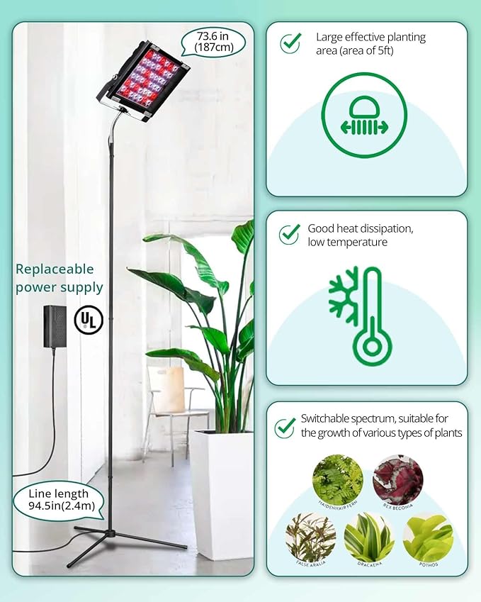 DOMMIA Grow Lights for Indoor Plants, Full Spectrum Tall Plant Light, Dimmable, Adjustable Tripod Standing Grow Lamp Floor Refugium Lamp for Aquarium, 45W 66in, 6/12/16h