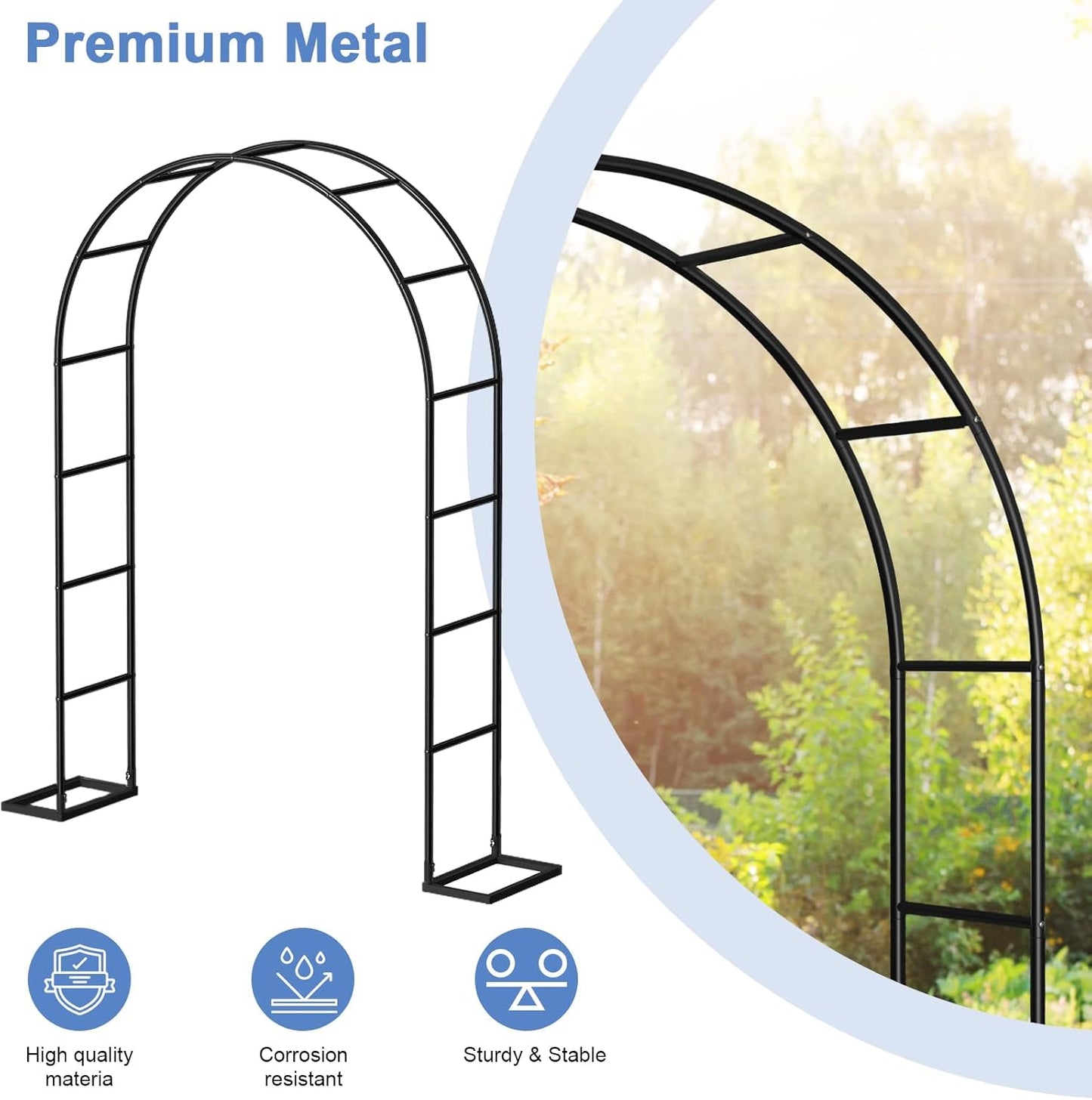 HEOMU Garden Arch Trellis, Metal Garden Arbor with Base, 5.3'W x 7.6'H or 7.9'W x 6.3'H, Assemble Freely 2 Sizes, Arch Trellis for Climbing Plants Outdoor Wedding Bridal Party Decoration, Black