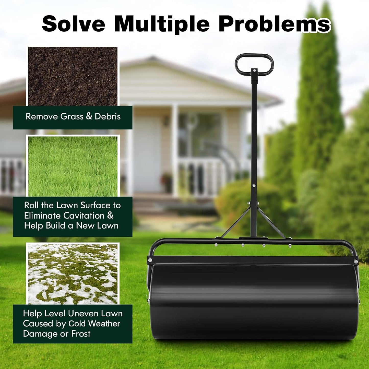 Goplus Lawn Roller, Push/Tow Behind Lawn Roller, 30 Gallon/113L Water Sand Filled Sod Roller Drum Roller with Detachable Gripping Handle, Yard Roller Pull Behind a Tractor for Garden Yard Park Farm