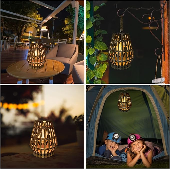 Solar Lantern Outdoor-Bamboo Lamps Patio Waterproof Rattan Solar Lanterns-Natural Auto On Off Lantern Edison Bulb Light with Handle for Hanging Table Yard Garden Wedding Home Decoration