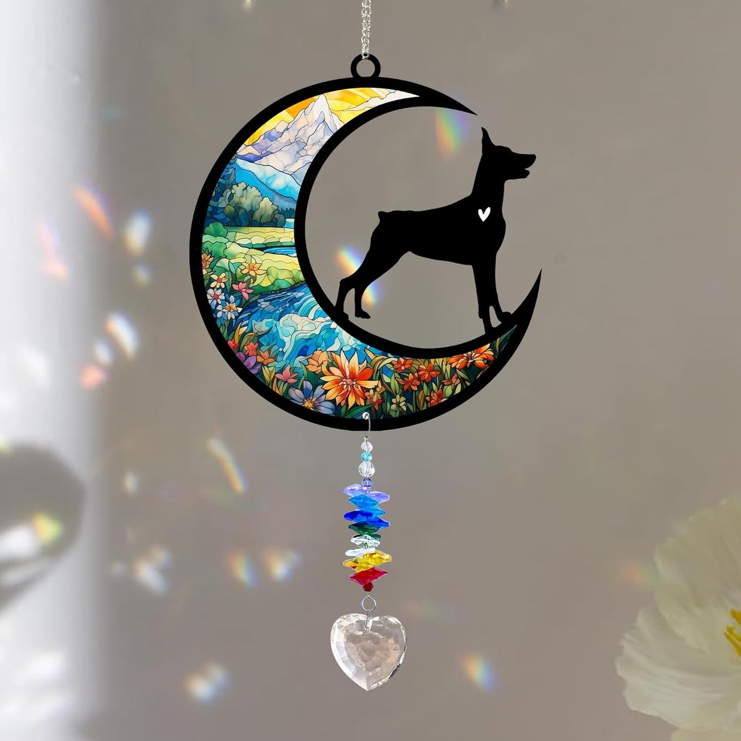 Doberman Suncatcher, Personalized Pet Loss Gift with Name & Date, Heart-Shaped Crystal Sun Catcher, Dog Remembrance Sympathy Rainbow Maker for Window & Garden