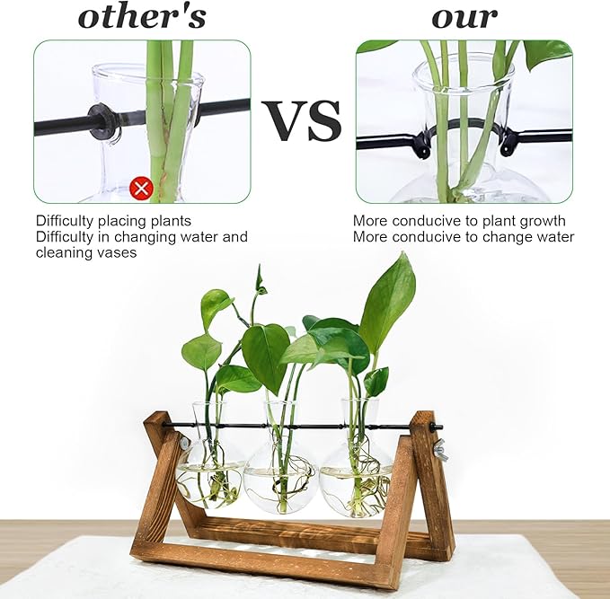 Plant Propagation Station, Plant Terrarium with Wooden Stand, Unique Gardening Birthday Gifts for Women Plant Lovers, Home Office Garden Decor Planter - 3 Bulb Glass Vases