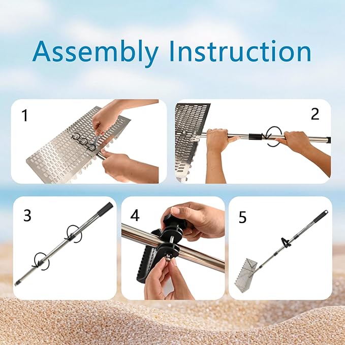 Sand Flea Rake Set, Sand Sifter for The Beach, Stainless Steel Shark Tooth Sifter, with 16" Width Basket Metal Detecting Tool with Anti Slip Handle for Collecting Seashells