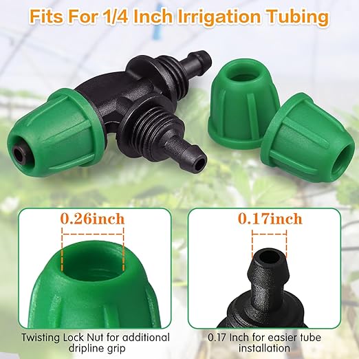 Upgraded 1/4" Drip Irrigation Fittings:50 Pieces Set-20 Couplings 15 Tees 10 Elbows 5 End Plugs, Leak Free Barbed Locked Nut Connectors for 1/4 Inch Irrigation Tubing