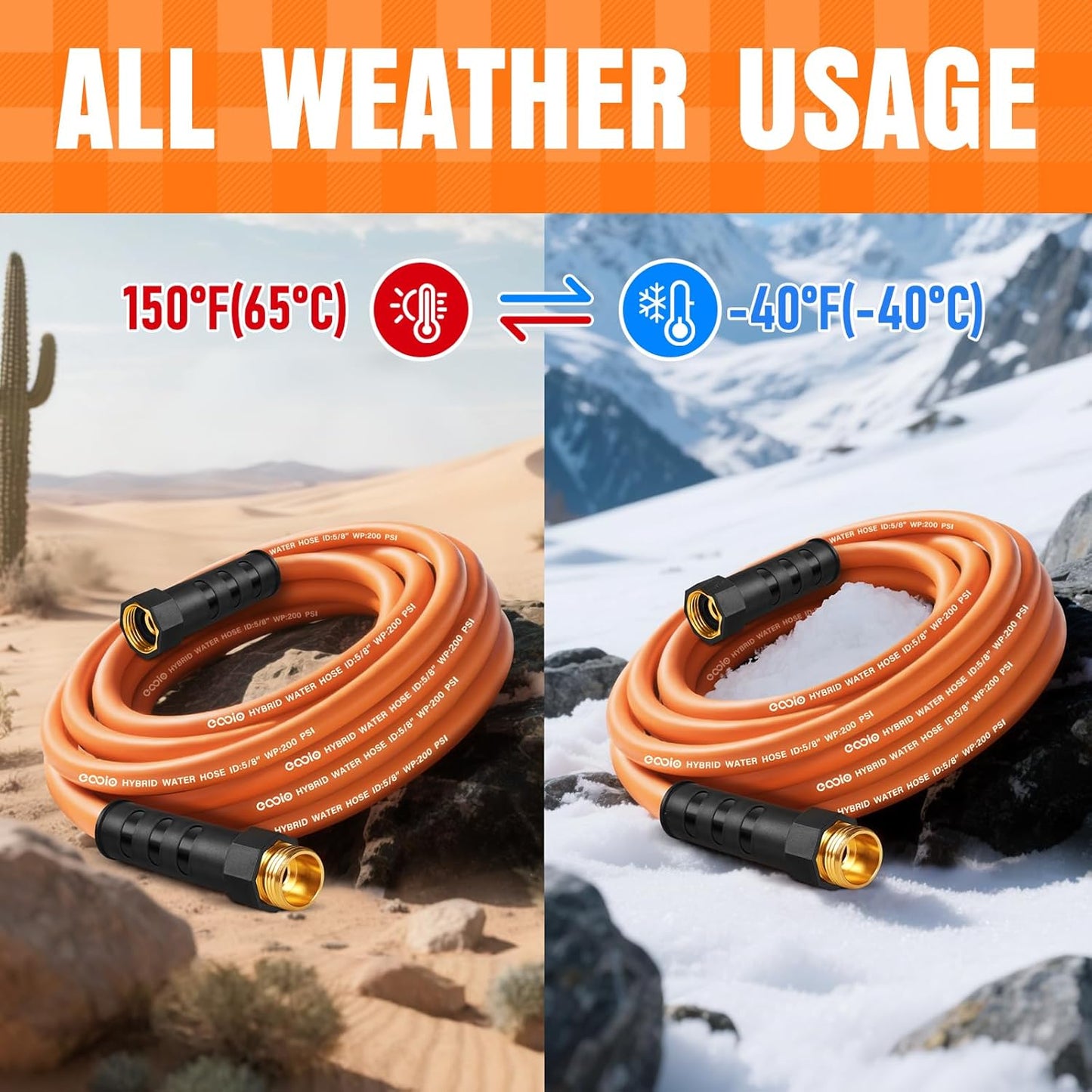 Garden Hose 50 ft x 5/8", NON-EXPANDING Flexible Water Hose, Kink Resistant Lightweight Hybrid Hose, Leakproof Yard Hose with Male to Female Fittings
