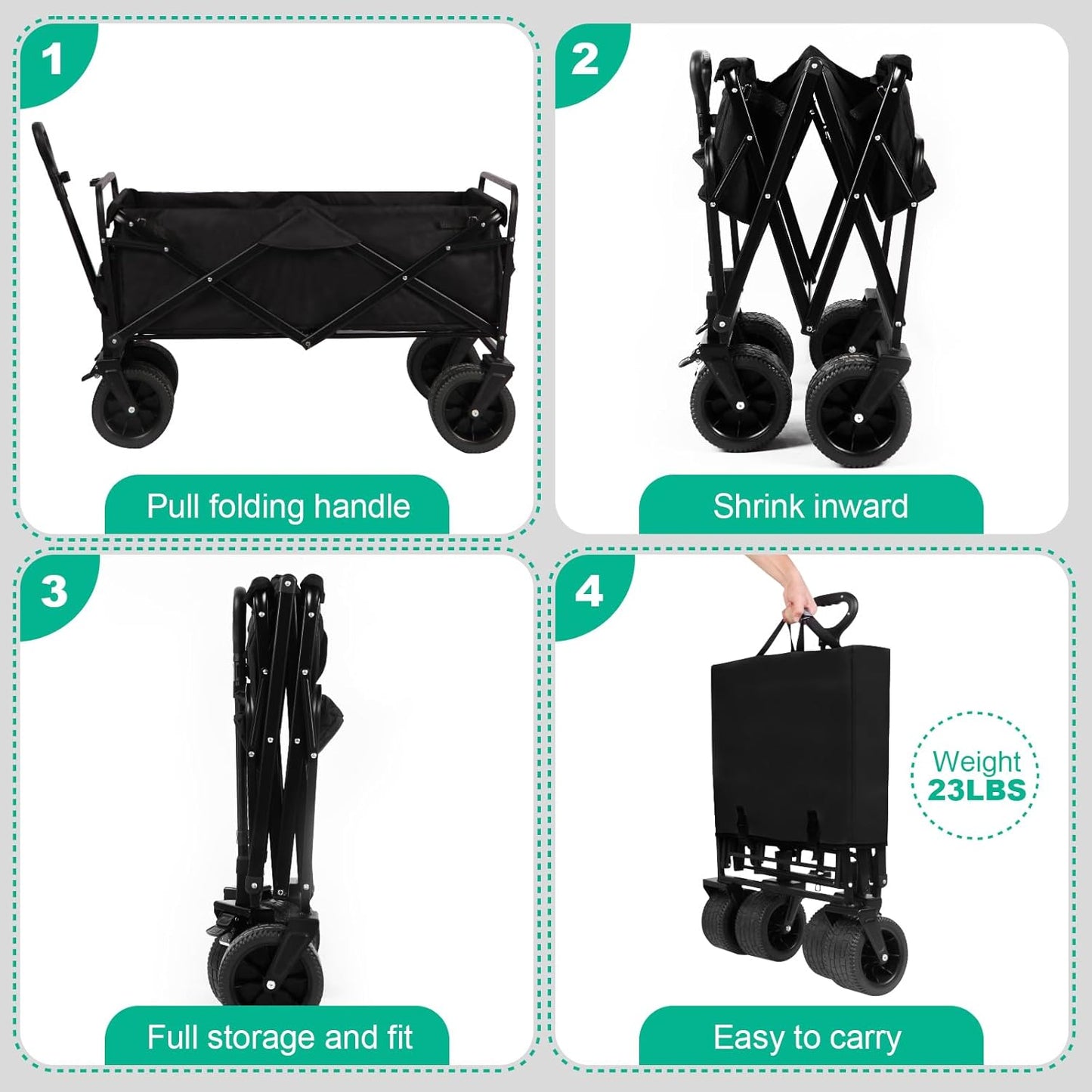 MMQ Heavy-Duty Folding 550 Lbs Collapsible Wagon with Big Wheels - Robust Construction, Spacious Interior, Adjustable Rolling Carts, Outdoor Folding Camping Wagons, Portable Utility Cart (Black)
