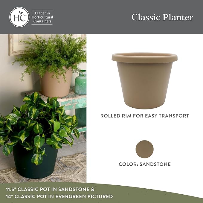 The HC Companies 17 Inch Round Classic Planter - Plastic Plant Pot for Indoor Outdoor Plants Flowers Herbs, Sandstone