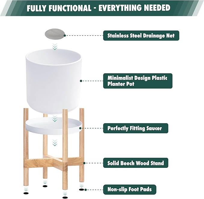 D'vine Dev Planter Pot with Stand - 8 Inch Plastic Cylinder Flower Pot with Wood Planter Holder for Indoor, Matte White Pot + Natural Stand, 55-C-J-1