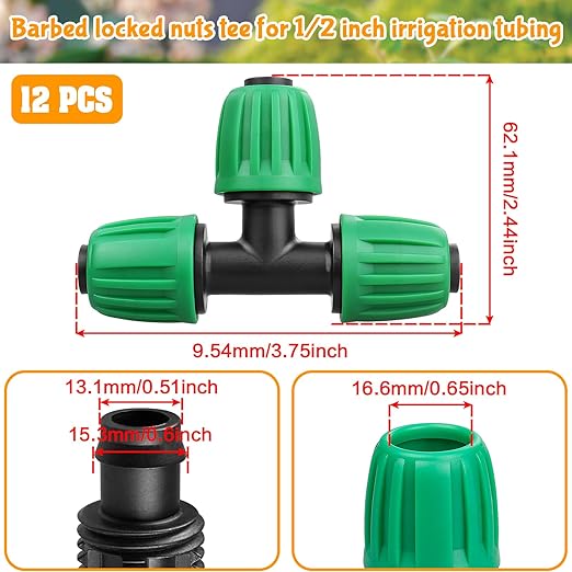 Drip Irrigation 1/2" Tee Fittings:1/2 Inch Drip Line Lock Barbed Tee Connectors for 1/2 Drip Irrigation Tubing (1/2" ID x 0.640" OD) Anti-Drop Three Way Drip Irrigation Parts (12 Pieces)