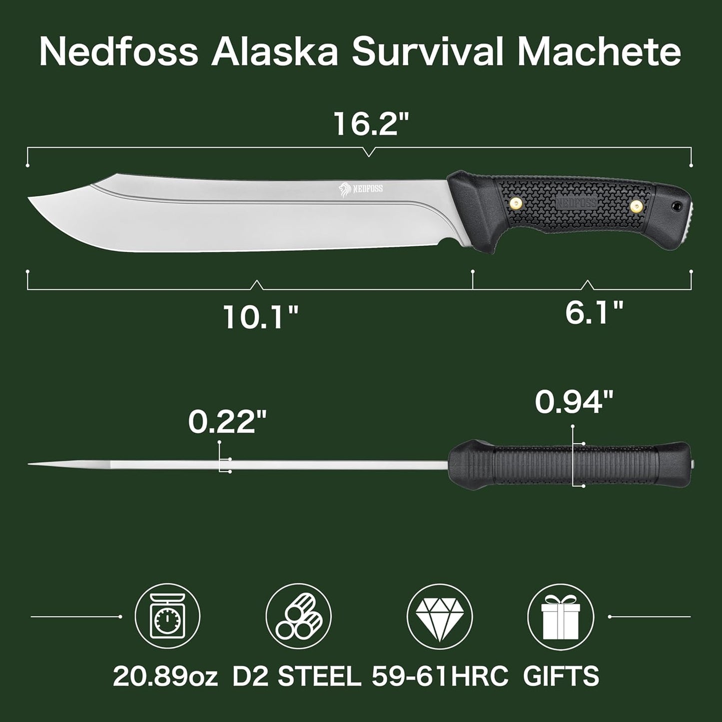 NedFoss 16" Survival Machete with Sheath, D2 Steel 0.22" Thick Full Tang Blade Machete Knife with Flat Grinding, Machete for Cutting Trees, for Yard Work, Clearing Brush with TPE Handle