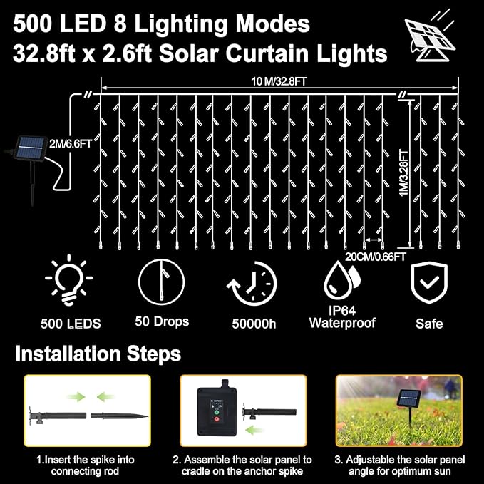 echosari Solar Powered Curtain Lights 33ftx 3ft 500 LED Outdoor Curtain Lights Waterproof with Timer 8 Modes for Christmas Garden Patio Fence Wedding Wall Window Gazebo Decor - Cool White