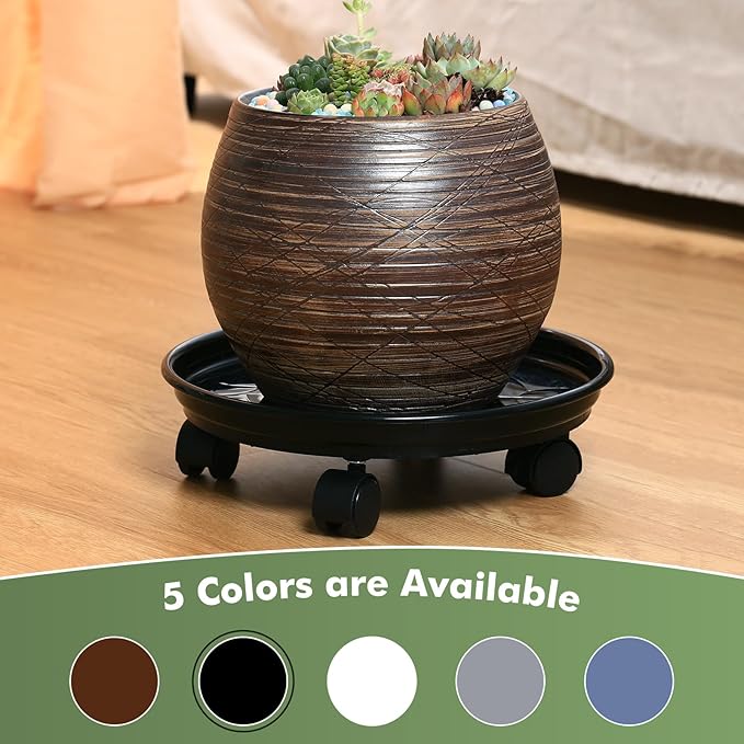 6 Packs Plastic Plant Caddy with Casters 12” Plant Dolly Heavy Duty Rolling Plant Stand with Wheels for Indoor and Outdoor Large Heavy Plant Pot Rollers, Black and Brown