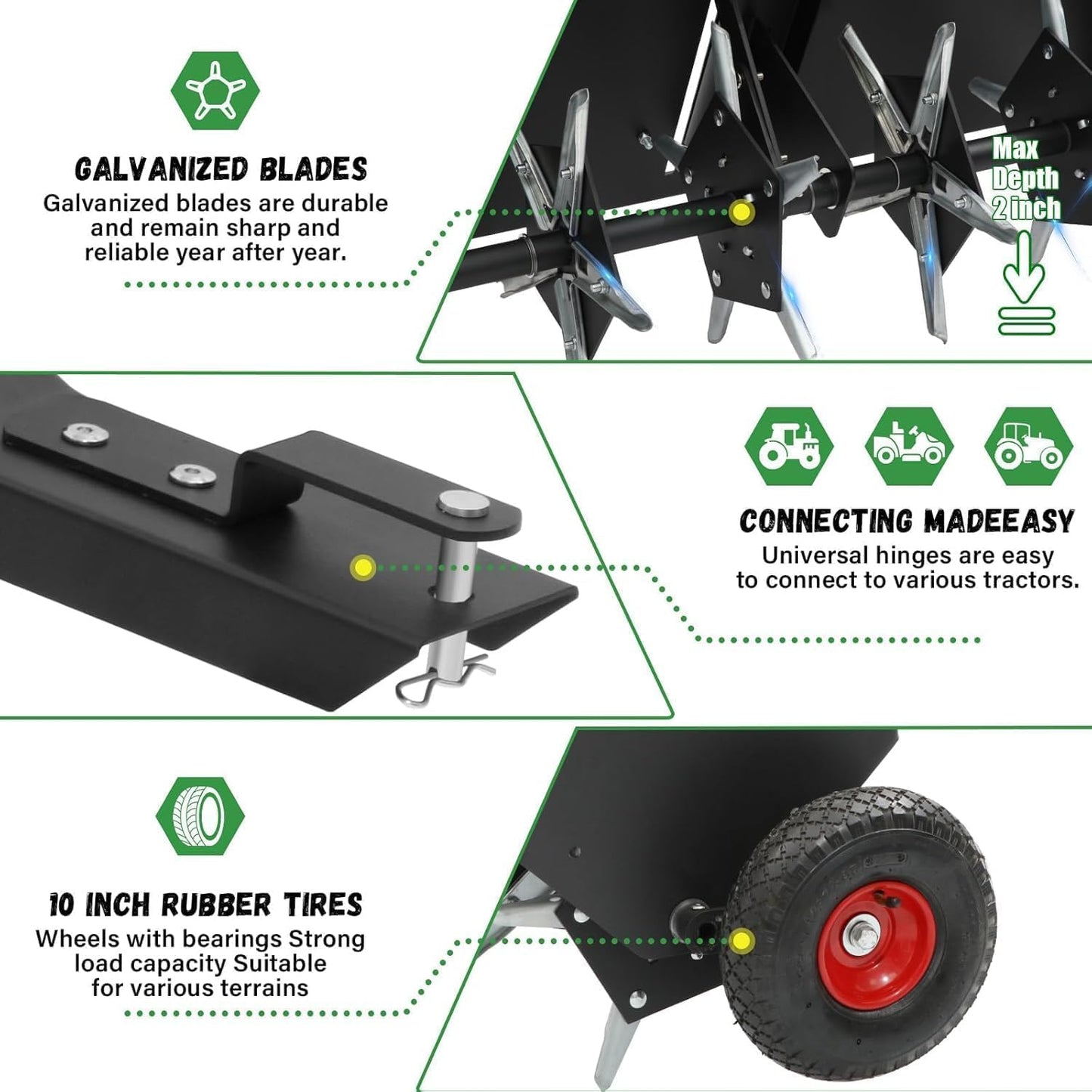 Doniks 52-Inch Tow Behind Lawn Plug Aerator with Universal Hitch, Lawn Aerator Tow Behind with 40 Galvanised Steel Tines,Tray and Inflatable Wheels for Gardens, Lawns, Farms