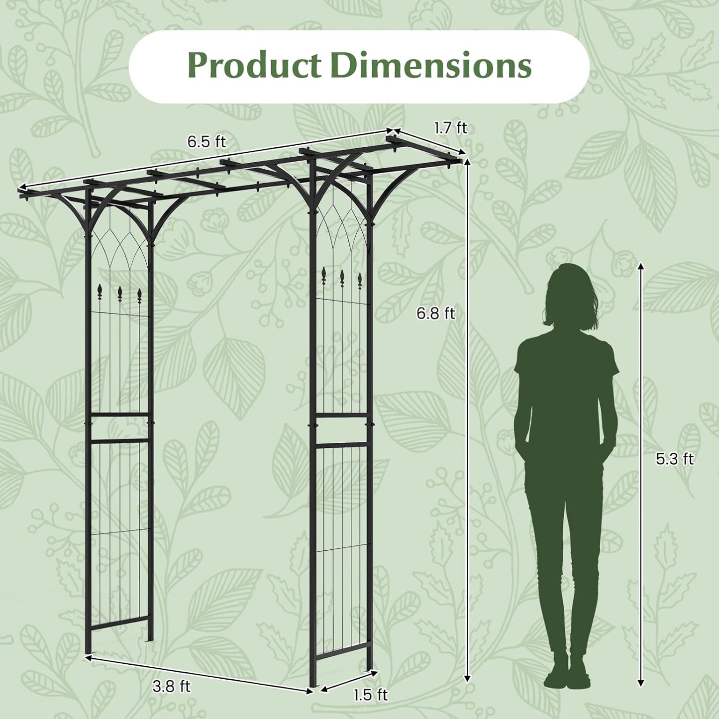 LDAILY Wedding Arch, 6.8FT Rustproof Metal Garden Arbor with Extended Roof & 4 Stakes, Outdoor Plant Support for Vines Roses, Decorative Trellis for Climbing Plants Outdoor for Lawn Wedding Ceremony