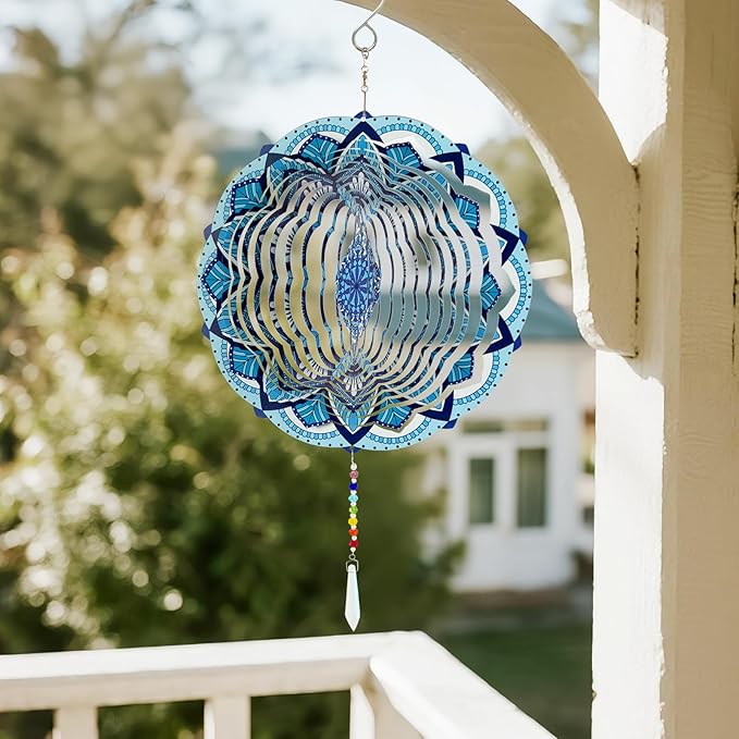 Wind Spinners Outdoor with Crystal Tail, Marzovitra Stainless Steel 3D Kinetic 10 Inch Garden Decor for Patio, Home or Yard Decorations Outdoor Hanging Yard Art, Metal Wind Sculpture (Bohemian)