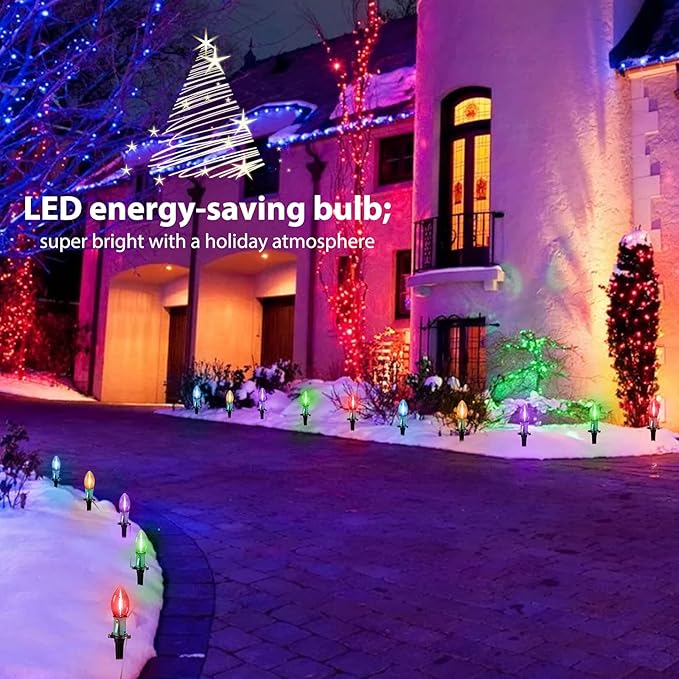 C9 Christmas Pathway String Lights - 2 Pack Total 51.4 Feet 40 LED Lights and 40 Stakes Extendable Waterproof for Outdoor Walkway Lights Driveway Christmas Decorations, Multicolored