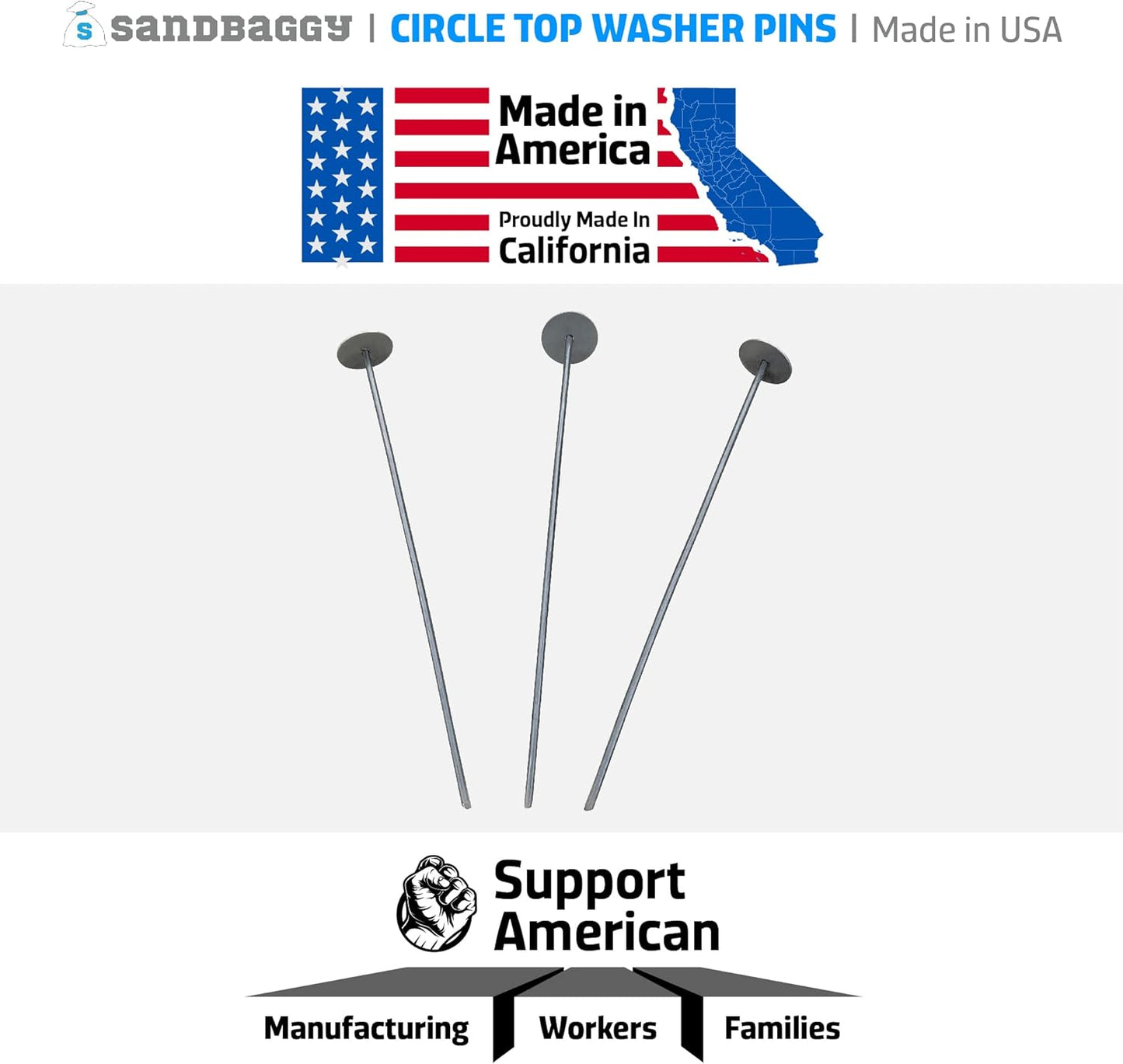 Sandbaggy 18-inch Circle Top Pins - Landscape Staples (Made in The USA) - Garden Stakes for Landscaping, SOD, Weed Barrier Fabric - Heavy Duty Ground Stakes, Lawn Turf Spikes, Decorations (100 Pins)