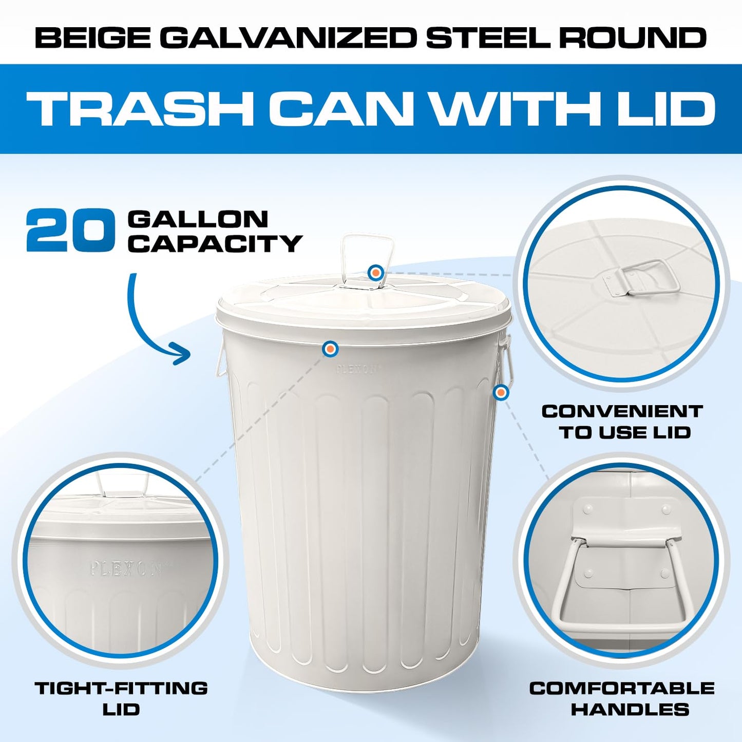 Plexon Large Metal Trash Can with Lid 20 Gallon, Decorative Outdoor Trash Can, Heavy Duty Galvanized Metal Bucket with Lid for Kitchen Garage Farmhouse, Beige, 6 Pack